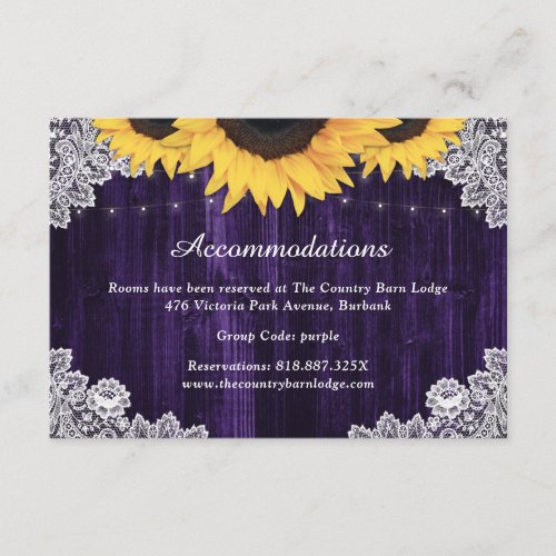 Purple Sunflower Wedding Hotel Accommodation Enclosure Card