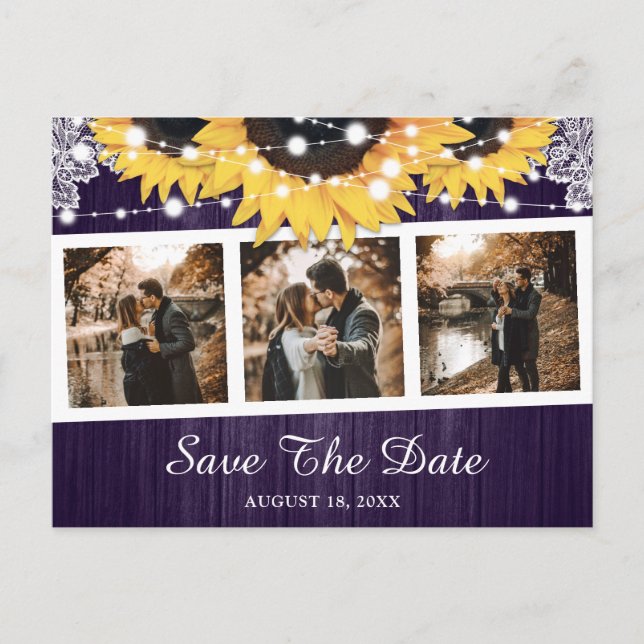 Purple Sunflower Wedding Photo Save The Date Announcement Postcard (Front)