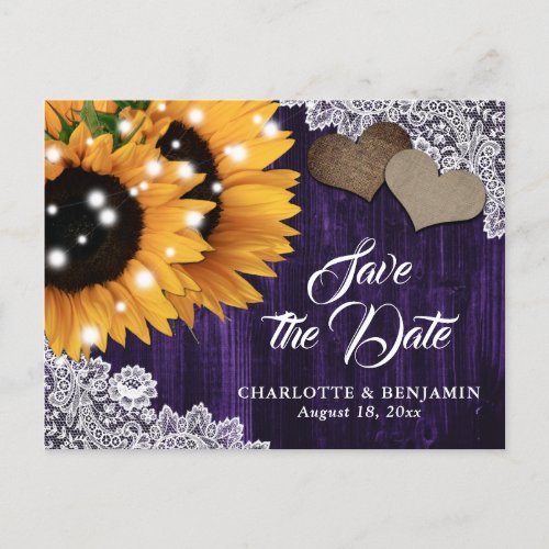 Purple Sunflower Wedding Save The Date Postcard