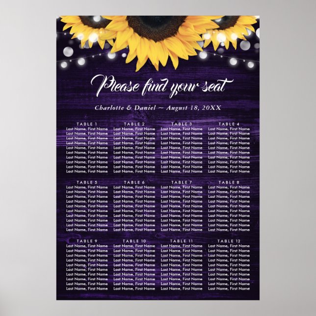 Purple Sunflower Wedding Seating Chart 12 (Front)