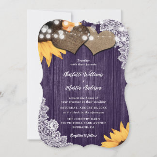 Purple Sunflower Wood Floral Lace Wedding Invitation