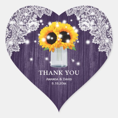 Purple Sunflower Wood Lace Mason Jar Wedding Heart Sticker