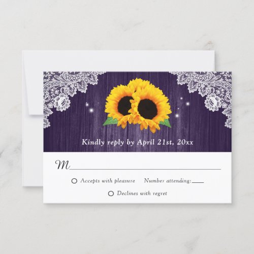 Purple Sunflower Wood Lace Rustic Wedding RSVP Card