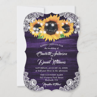 Purple Sunflower Wood Lace String Lights Wedding Invitation