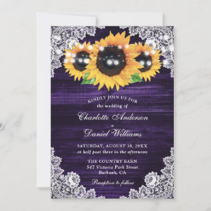 Purple Sunflower Wood Lace String Lights Wedding Invitation