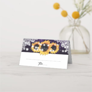 Purple Sunflower Wood Lace String Lights Wedding Place Card