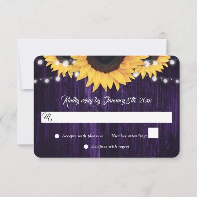 Purple Sunflower Wood Lace String Lights Wedding RSVP Card (Front)
