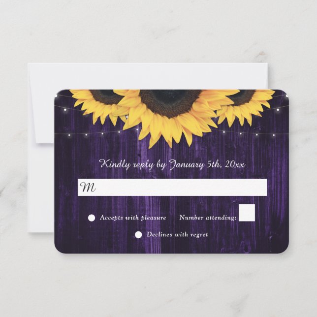 Purple Sunflower Wood Lace String Lights Wedding RSVP Card (Front)