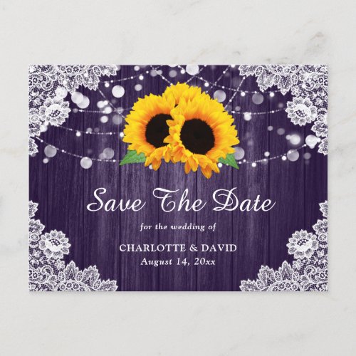 Purple Sunflower Wood Lace Wedding Save The Date Announcement Postcard