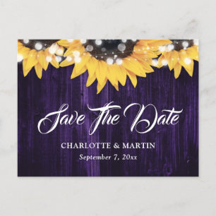 Purple Sunflower Wood Lights Wedding Save The Date Announcement Postcard
