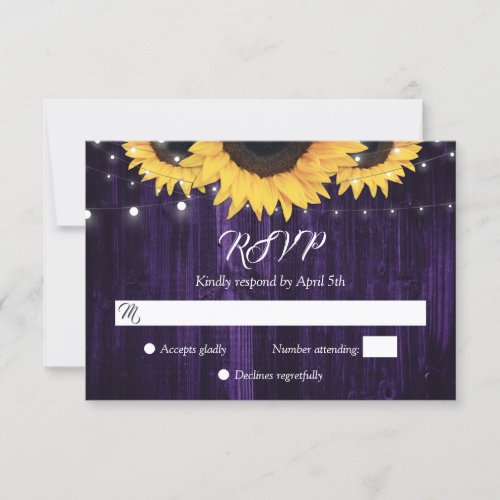 Purple Sunflower Wood String Lights Wedding RSVP Card