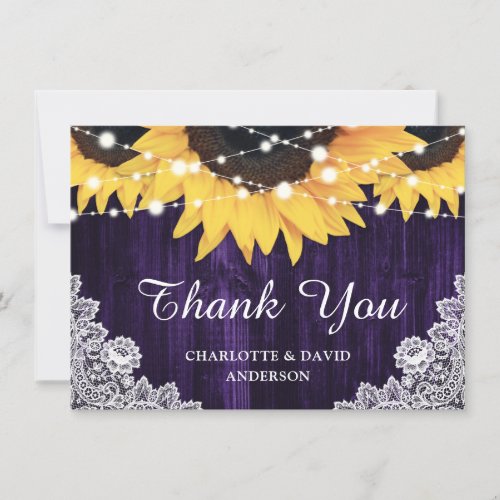 Purple Sunflower Wood String Lights Wedding Thank You Card