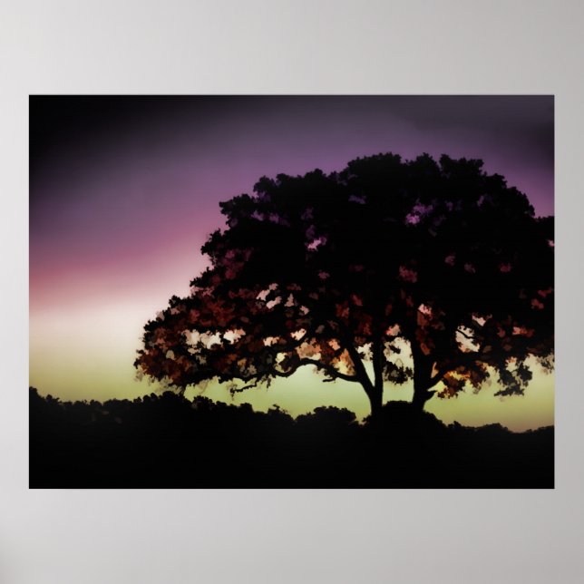 Purple Sunset and Oak Tree Silhouette Poster (Front)