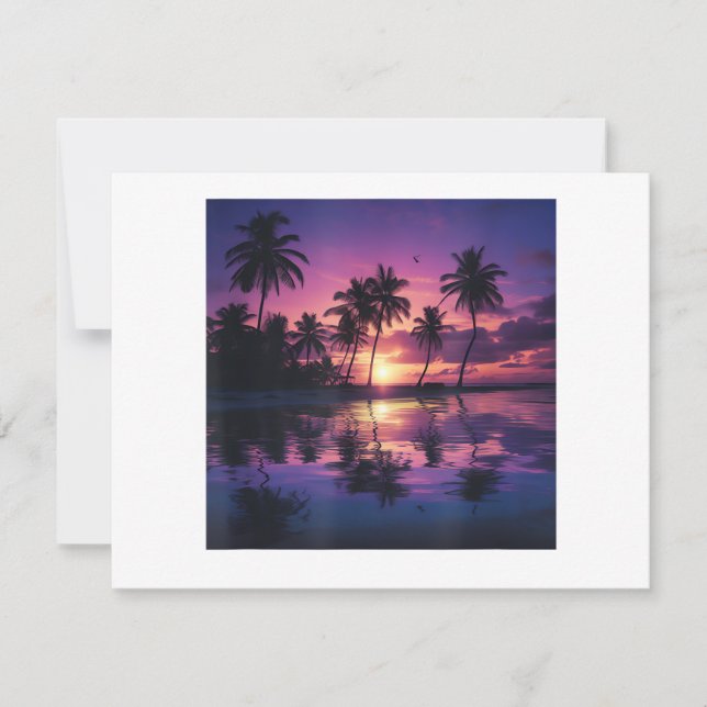Purple Sunset Beach Palm Trees Save The Date (Front)