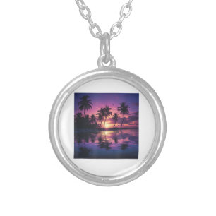 Purple Sunset Beach Palm Trees Silver Plated Necklace