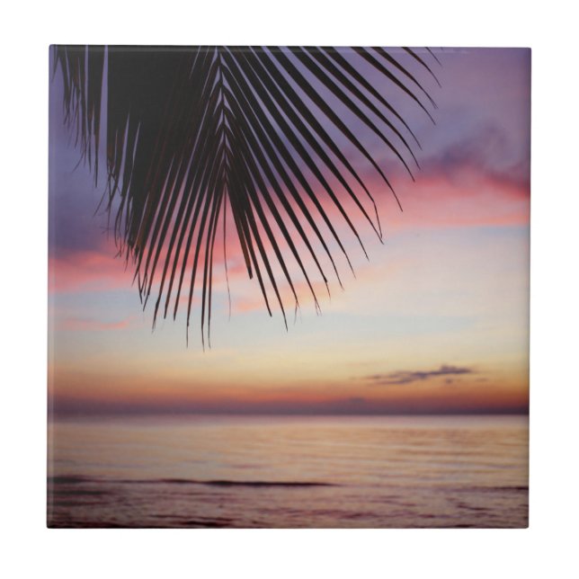 Purple Sunset Beach Tropical Palm Tree Silhouette Ceramic Tile (Front)