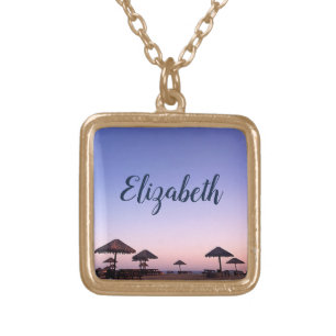 Purple Sunset California Beach Photo Add Your Name Gold Plated Necklace