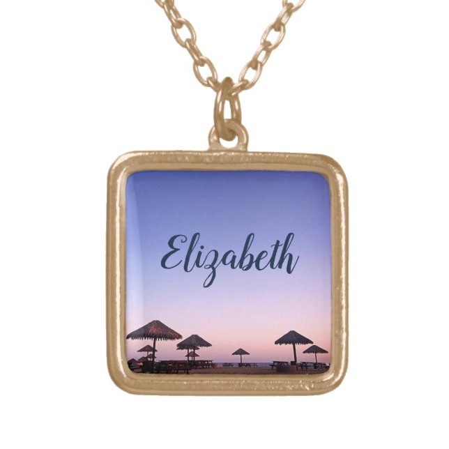 Purple Sunset California Beach Photo Add Your Name Gold Plated Necklace (Front)