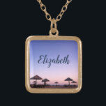 Purple Sunset California Beach Photo Monogram Name Gold Plated Necklace<br><div class="desc">A purple blue and pink sunset on a Southern California beach with thatched palapas oozes relaxation and reflection. Travel back to your vacation beach days whenever you wear this stunning, beautiful photography personalized name charm necklace. This necklace comes in small, medium and large sizes, as well as both square and...</div>