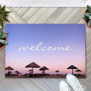 Purple Sunset California Beach Welcome Script Bold Doormat