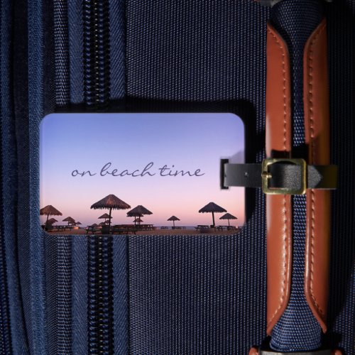 Purple Sunset Coastal Photo On Beach Time Script Luggage Tag