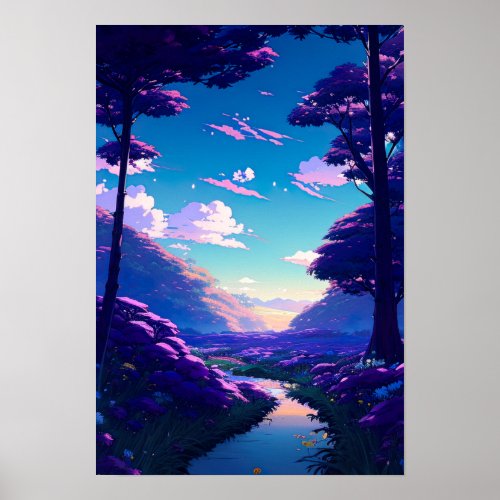 Purple Sunset in a Flowery Field Poster