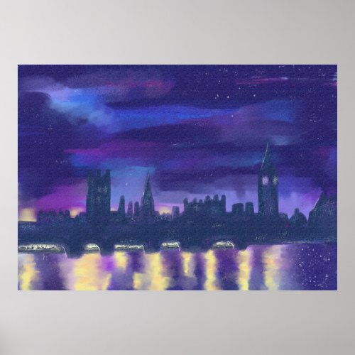 Purple Sunset London River Thames Painting England Poster