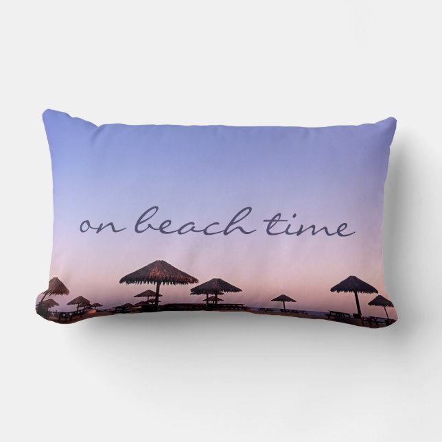 Purple Sunset On Beach Time Script Photography Lumbar Pillow (Front)