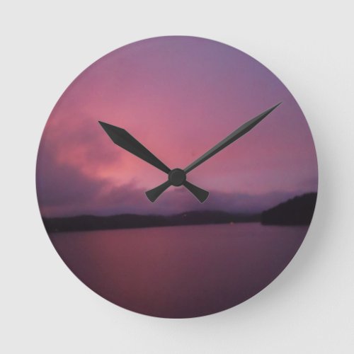 Purple sunset on Lake Arrowhead Round Clock