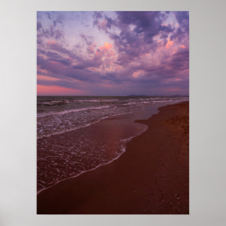 Purple sunset on the sandy beach - Rimini, Italy. Poster