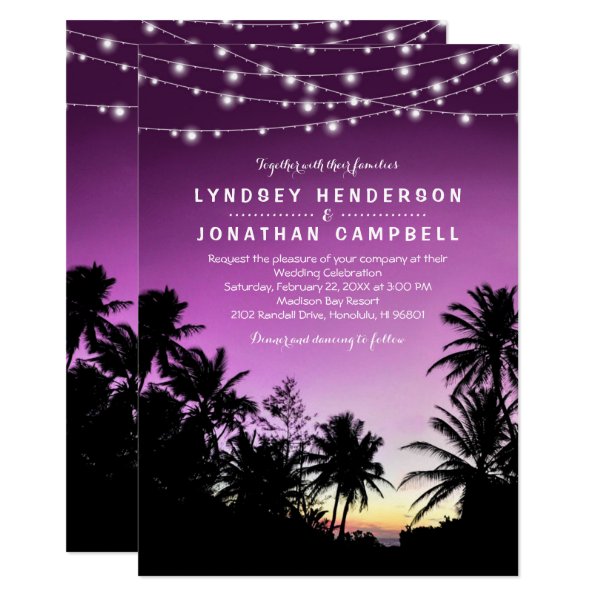 256057883684521666 Purple Sunset Palm Tree Beach Lights Wedding Invitation