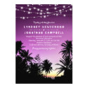 Purple Sunset Palm Tree Beach Lights Wedding Invitation