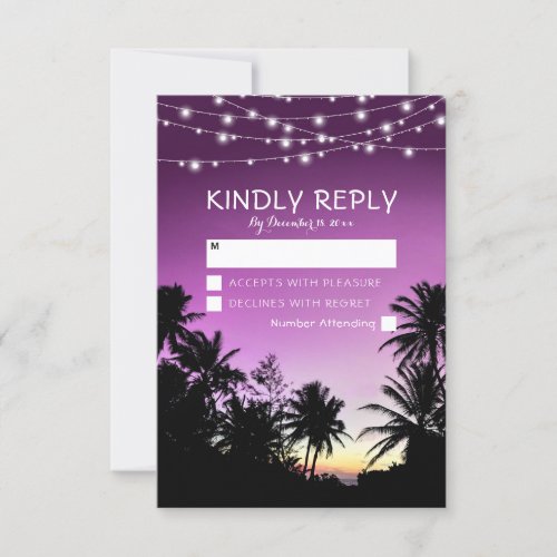 Purple Sunset Palm Tree Beach Lights Wedding RSVP