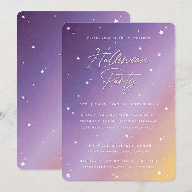 Purple Sunset Script and Stars Halloween Party Invitation (Front/Back)