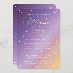 Purple Sunset Script and Stars Halloween Party Invitation
