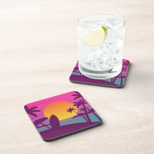 Purple sunset surf beach beverage coaster