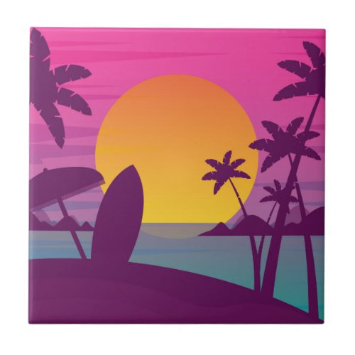 Purple sunset surf beach ceramic tile