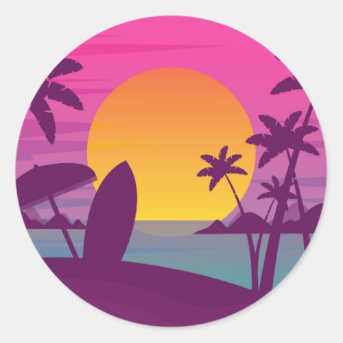 Purple sunset surf beach classic round sticker