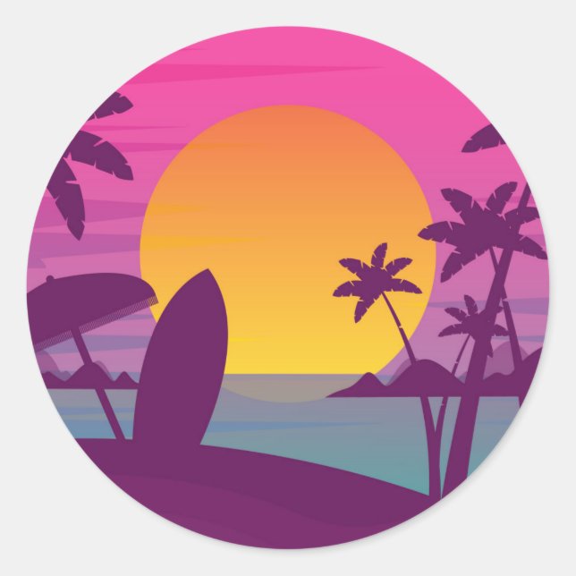 Purple sunset surf beach classic round sticker (Front)
