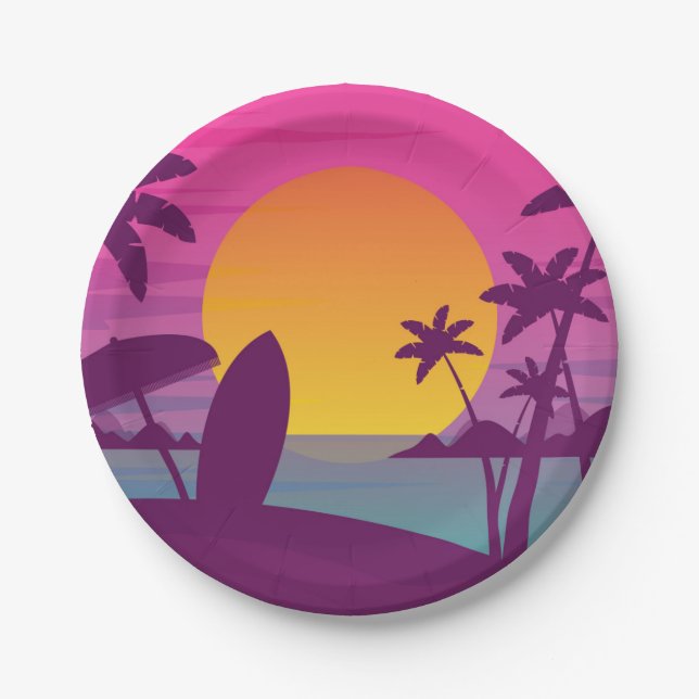 Purple sunset surf beach paper plates (Front)