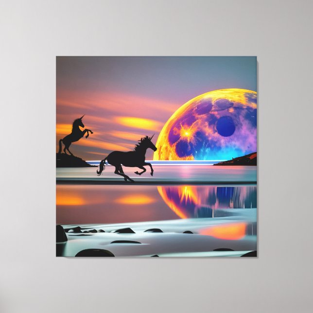 Purple Sunset, unicorns, Full Moon on the beach Canvas Print (Front)