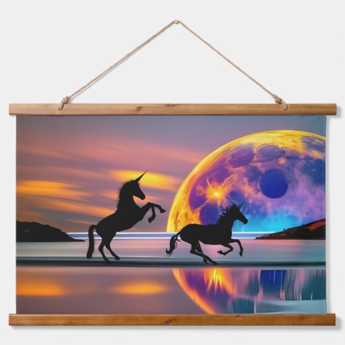 Purple Sunset unicorns Full Moon on the beach Hanging Tapestry