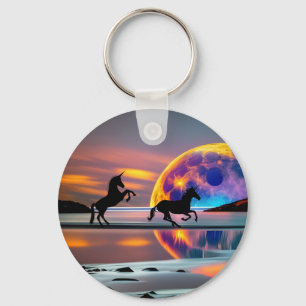 Purple Sunset, unicorns, Full Moon on the beach Keychain