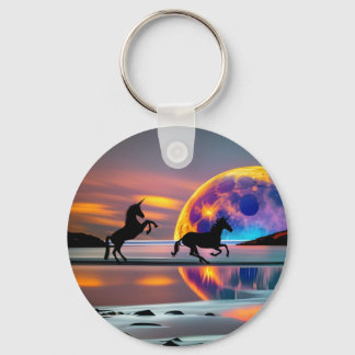 Purple Sunset, unicorns, Full Moon on the beach Keychain