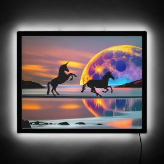 Purple Sunset, unicorns, Full Moon on the beach 