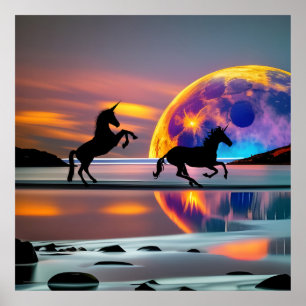 Purple Sunset, unicorns, Full Moon on the beach Poster