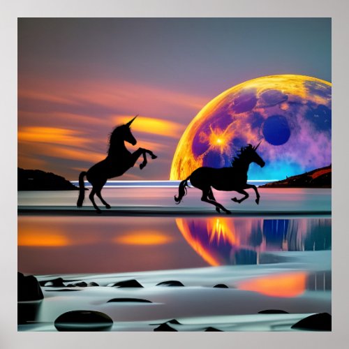 Purple Sunset unicorns Full Moon on the beach  Poster