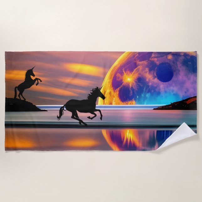 Purple Sunset, unicorns, Full Moon on the beach  Towel (Front)