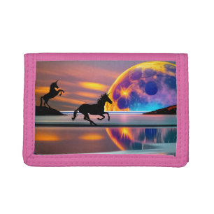 Purple Sunset, unicorns, Full Moon on the beach Trifold Wallet