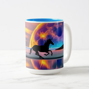 Purple Sunset, unicorns, Full Moon on the beach Two-Tone Coffee Mug